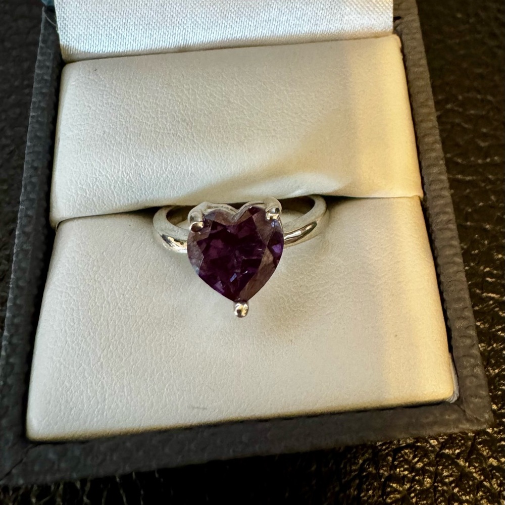 Heart Shaped Lab Created Alexandrite Rhodium over Sterling. Sz 6.